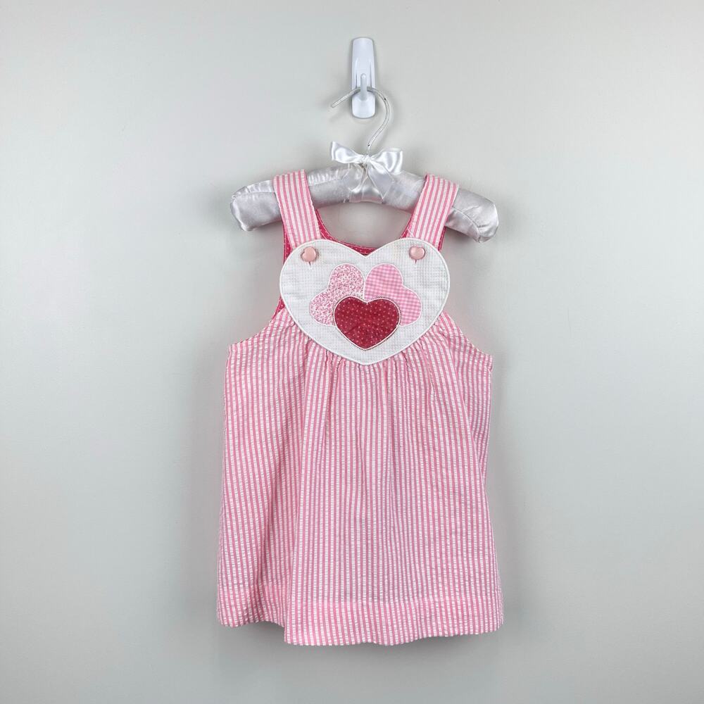 Vintage Ruth Scharf Pink Seersucker Heart Pinafore Dress 3T USA